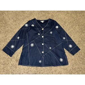 Womens 100% Linen Navy Button Tunic Top Long Sleeve Quiet Luxury Oversized SMALL